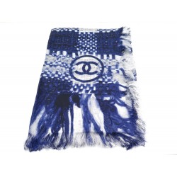 NEUF ECHARPE CHANEL LOGO CC EN SOIE 180CM BLEU FACON LAINE FOULARD SCARF 750€