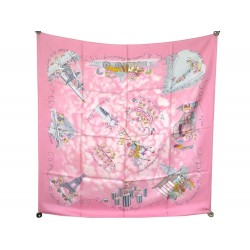 RARE FOULARD HERMES LES TRIPLES NICOLE LAMBERT 2004 CARRE 90 CM SOIE ROSE SCARF