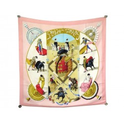 FOULARD HERMES PLAZA DE TOROS H. DE WATRIGANT CARRE 90 SOIE ROSE SILK SCARF 360€