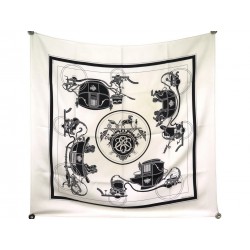 FOULARD HERMES CARROSSES LOGO CALECHES CARRE 90 CM EN SOIE BEIGE SILK SCARF 360€