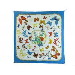 FOULARD HERMES FARANDOLE PAPILLONS CARRE 90 EN SOIE BLEU + BOITE SILK SCARF 360€