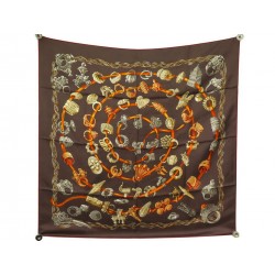 NEUF FOULARD HERMES ALLIANCES DU MONDE... CARRE 90 SOIE MARRON SILK SCARF 360€