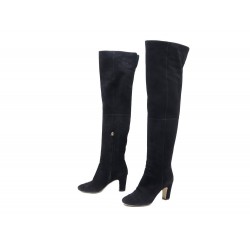 CHAUSSURES CHANEL BOTTES CUISSARDES 38 VEAU VELOURS NOIR + SAC BOITE 