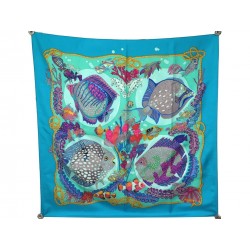 FOULARD HERMES GRANDS FONDS ANNIE FAIVRE CARRE 90 CM SOIE BLEU SILK SCARF 360€