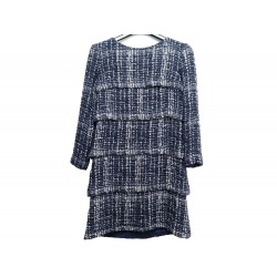 ROBE CHANEL P49070 40 M EN TWEED NYLON & COTON BLEU MARINE BLUE NAVY DRESS 3500€