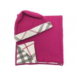 ECHARPE + BONNET BURBERRY TARTAN B10304 COTON CACHEMIRE FUSHIA SCARF CAP 420€