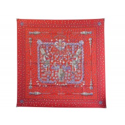 NEUF FOULARD HERMES TRESORS RETROUVES CARRE 90 EN SOIE ROUGE + BOITE SCARF 360€