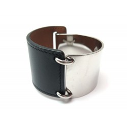 BRACELET HERMES MANCHETTE CUIR ACIER PALLADIE 