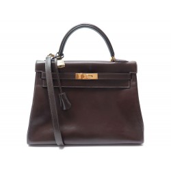 SAC A MAIN HERMES KELLY 32 RETOURNE BANDOULIERE EN CUIR BOX MARRON HANDBAG 7500€