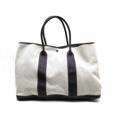 SAC HERMES GARDEN PARTY 50 CM TOILE BEIGE CUIR MARRON