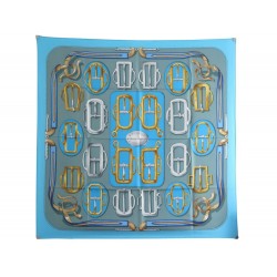 NEUF FOULARD HERMES BOUCLERIE D'ATTELAGE CARRE 90 EN SOIE GRIS BLEU SCARF 360€