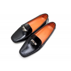 NEUF CHAUSSURES HERMES IRVING MOCASSINS 38.5 MEDOR CUIR NOIR VERNI SHOES 720€