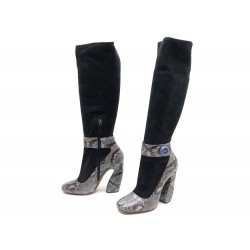 NEUF CHAUSSURES PRADA 38.5 BOTTES EN PYTHON ET VELOURS NOIR BOOTS SHOES VELVET