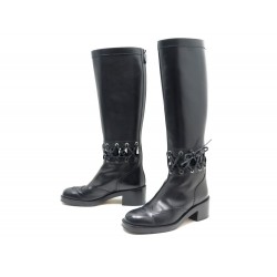 NEUF CHAUSSURES CHANEL 40.5 BOTTES EN CUIR NOIR SHOES BLACK LEATHER BOOTS 1730