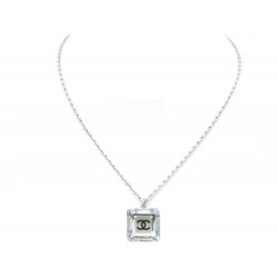 COLLIER CHANEL LOGO CC NOIR CARRE EN PLASTIQUE ARGENTE SQUARE SILVER NECKLACE 