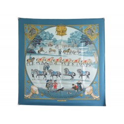 VINTAGE FOULARD HERMES PRESENTATION DES CHEVAUX CARRE 90 EN SOIE BLEU SCARF 360