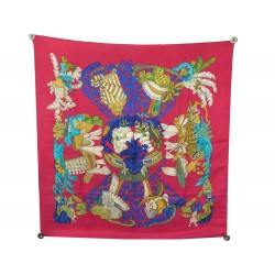 FOULARD HERMES CHAPEAU PAR ANNIE FAIVRE 1990 EN SOIE ROUGE RED SILK SCARF 360€