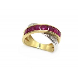 BAGUE T 49 OR JAUNE & BLANC 18K 4.5GR SERTIE 7 PIERRES ROSE + DIAMANTS GOLD RING