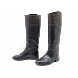 CHAUSSURES CHANEL G26562 37.5 BOTTES EN CUIR NOIR & MARRON LOGO CC BOOTS 1230