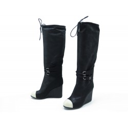 NEUF CHAUSSURES CHANEL BOTTES CUISSARDES 38 DAIM SUEDE NOIR & BLANC BOOTS 1200