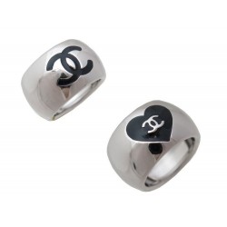 BAGUE CHANEL T52 EN METAL ARGENTE LOGO CC ET MOTIF COEUR NOIR SILVER RING 420