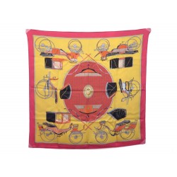 FOULARD HERMES LES VOITURES A TRANSFORMATION CARRE 70 CM SOIE JAUNE SCARF 265€