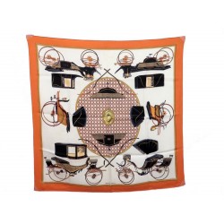 FOULARD HERMES LES VOITURES A TRANSFORMATION PETIT CARRE SOIE ORANGE SCARF 265€