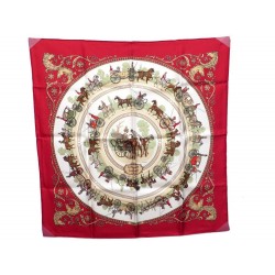 NEUF FOULARD GAVROCHE HERMES LA PROMENADE DE LONGCHAMPS EN SOIE ROUGE SCARF 160€