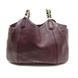 SAC A MAIN SALVATORE FERRAGAMO BETULLA MEDIUM EN CUIR PRUNE & CHAINE PURSE 1090