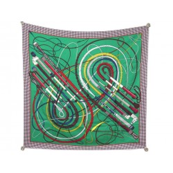 NEUF FOULARD HERMES FOUETS ET BADINES VIRGINIE JAMIN SOIE VERT SILK SCARF 370€