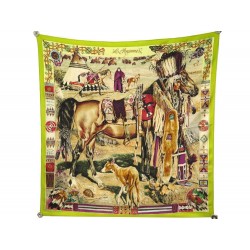 FOULARD HERMES LES CHEYENNES PAR KERMIT OLIVER SOIE VERT GREEN SILK SCARF 370€