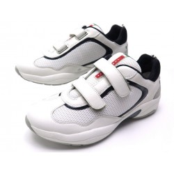 NEUF BASKETS PRADA LUNA ROSSA LUP003 7 IT 42 FR TOILE CUIR BLANC SNEAKERS 250€