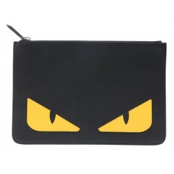 NEUF SAC POCHETTE FENDI MONSTER A MAIN EN CUIR NOIR & JAUNE CLUTCH HAND BAG 570€