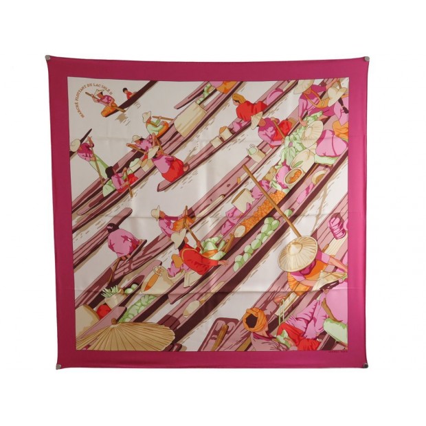 NEUF FOULARD HERMES MARCHE FLOTTANT DU LAC INLE II RYBALTCHENKO SOIE ROSE SCARF