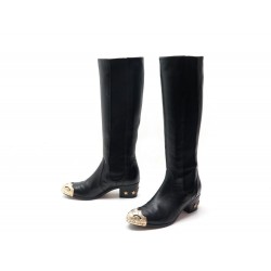 CHAUSSURES CHANEL BOTTES PARIS DALLAS G30141 40 CUIR NOIR BOUTS DORE BOOTS 1650€