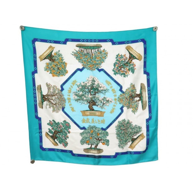 FOULARD HERMES BONSAI CARRE 90 SOIE TURQUOISE CATHERINE BASCHET SILK SCARF 370