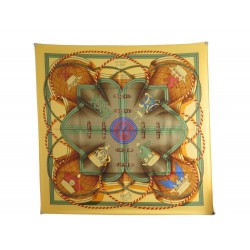 FOULARD HERMES GRANDE TENUE HENRI D ORIGNY CARRE 90 SOIE JAUNE SILK SCARF 370