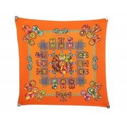 FOULARD HERMES LES RUBANS DU CHEVAL J.METZ CARRE PLISSE SOIE ORANGE SCARF 370