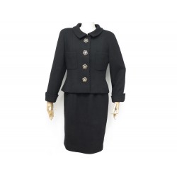 TAILLEUR VESTE & JUPE CHANEL 44 L BOUTONS CAMELIA EN LAINE NOIR TAILOR 6500€