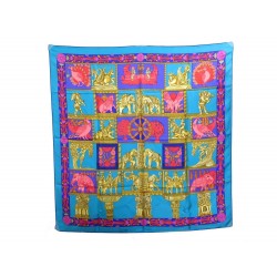 FOULARD HERMES TORANA ANNIE FAIVRE CARRE EN SOIE BLEU & ROSE SILK SCARF 350€