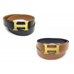 CEINTURE HERMES BOUCLE H DORE REVERSIBLE CUIR BOX NOIR TOGO MARRON T90 BELT 620