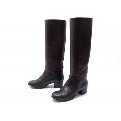 BOTTES CHANEL CAVALIERES 37.5 EN CUIR MARRON EFFET MATELASSE LEATHER BOOTS 1230