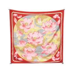 FOULARD HERMES FLEURS DE LOTUS CHRISTIANE VAUZELLES SOIE ROUGE SILK SCARF 370€