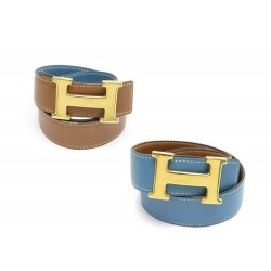 CEINTURE HERMES BOUCLE H DORE T 76 CUIR REVERSIBLE EPSOM MARRON & BLEU BELT 635€