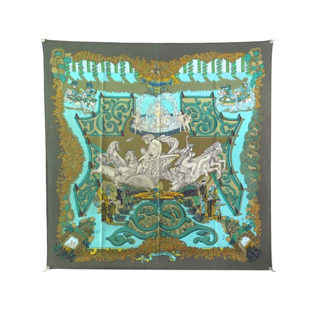 FOULARD HERMES LE PARADIS DU ROY PAR ANNIE FAIVRE CARRE 90 SOIE KAKI SCARF 370€