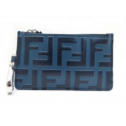 NEUF PORTE-CARTES FENDI PORTE-CLES 7AR534 CUIR MONOGRAMME BLEU CARDS HOLDER 360€