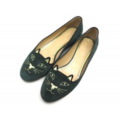 CHAUSSURES CHARLOTTE OLYMPIA KITTY FLAT BALLERINES 39 EN DAIM VERT SHOES 395€