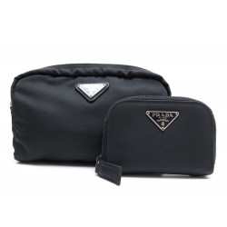 NEUF LOT TROUSSE + PORTE MONNAIE PRADA EN NYLON NOIR BLACK POUCH & WALLET 640€