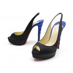 NEUF CHAUSSURES CHRISTIAN LOUBOUTIN PLISSETA ESCARPINS 39 SATIN NOIR & BLEU 695€