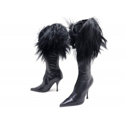 CHAUSSURES BOTTES A TALONS DIOR 38 EN CUIR & FOURRURE NOIR BLACK FUR BOOTS 1350€